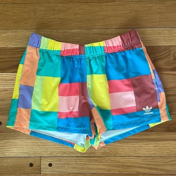 adidas Pants - Adidas Patchwork Plaid Brights Pull On Athletic Gym Shorts Hand Pockets Women M